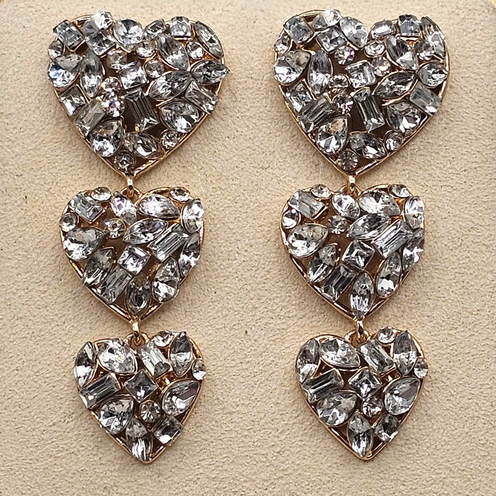 Triple Heart Dangle Earrings Gold Tone Clear Rhinestone Acrylic Statement 2.25"